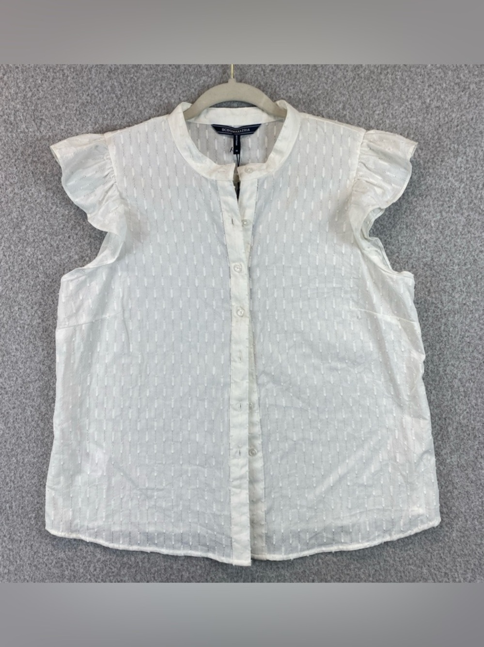 BCBG MaxAzria Eyelet Lace Blouse Size M Crisp White Ruffle sleeve Boho western